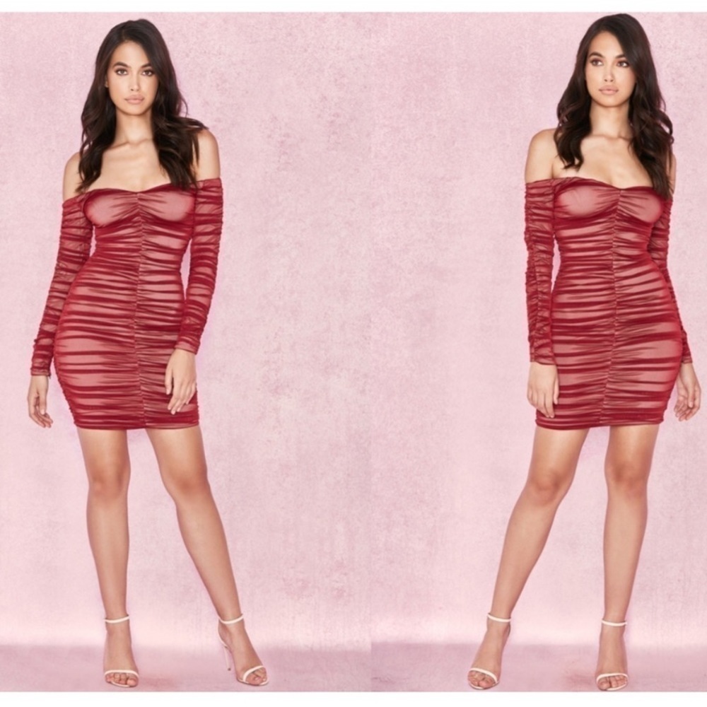House of CB Red Rouched Long Sleeve Bodycon semi-Sheer dress as seen on Queen B